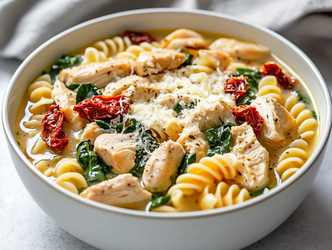 Bowl of Tuscan chicken noodle soup topped with Parmesan cheese and fresh spinach on a white table