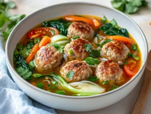 Bowl of Vietnamese chicken meatball soup with bok choy and fresh herbs on a simple neutral background
