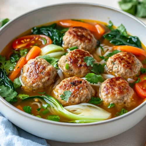 Bowl of Vietnamese chicken meatball soup with bok choy and fresh herbs on a simple neutral background