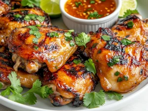Grilled Vietnamese lemongrass chicken on a white plate garnished with fresh herbs and lime wedges