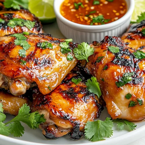 Grilled Vietnamese lemongrass chicken on a white plate garnished with fresh herbs and lime wedges